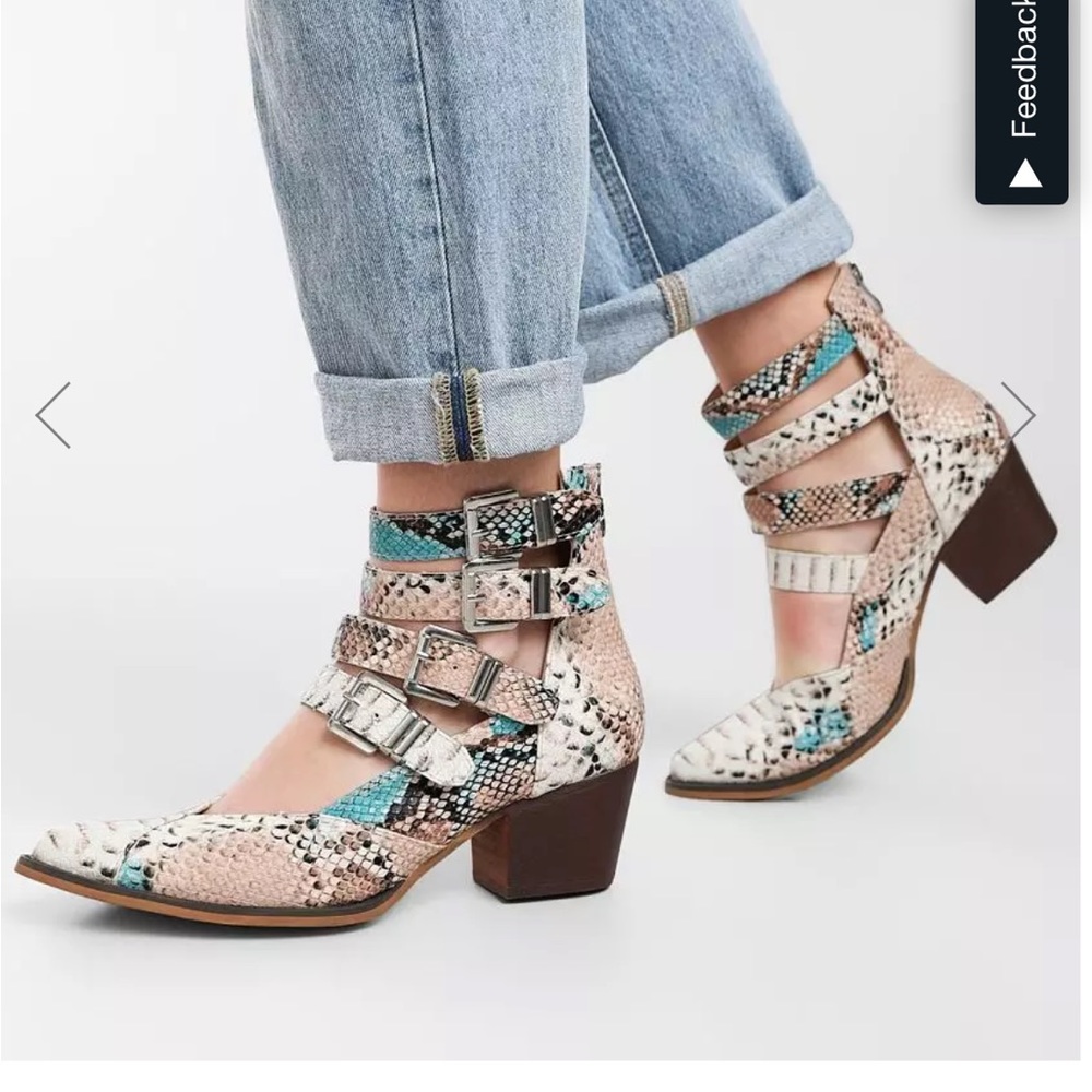 Snakeskin Strappy Ankle Boots with Buckles